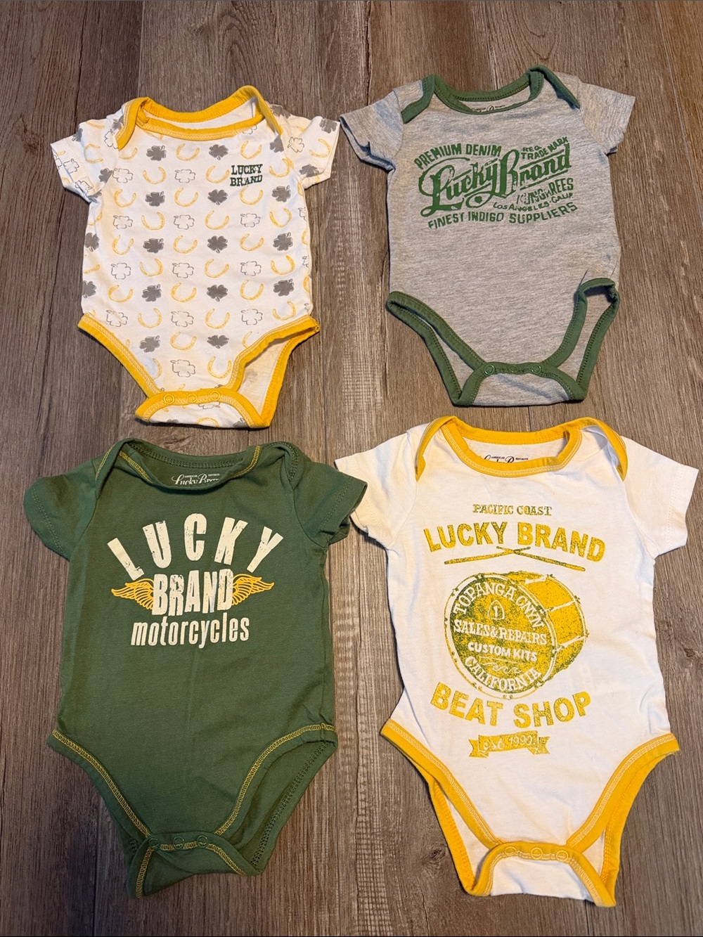 Lucky Brand Baby Bodysuit Set — Green, Yellow, Gray & White